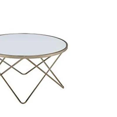 Contemporary Style Round Glass and Metal Coffee Table, White and Gold-Benzara