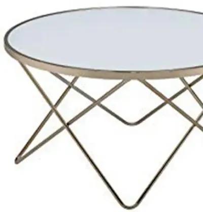 Contemporary Style Round Glass and Metal Coffee Table, White and Gold-Benzara