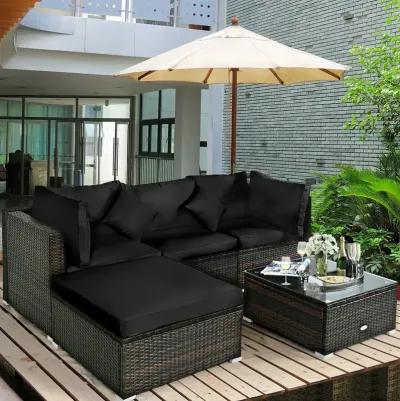 5 Pcs Outdoor Patio Rattan Furniture Set Sectional Conversation with Navy Cushions