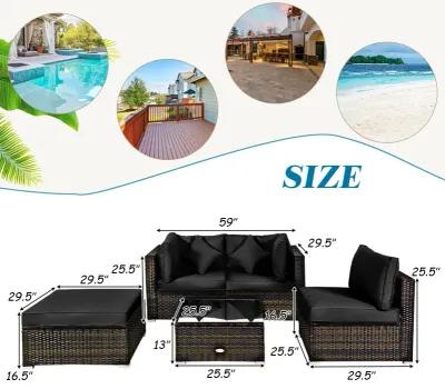 5 Pcs Outdoor Patio Rattan Furniture Set Sectional Conversation with Navy Cushions