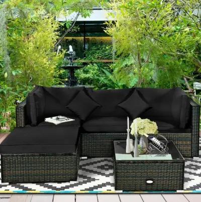 5 Pcs Outdoor Patio Rattan Furniture Set Sectional Conversation with Navy Cushions