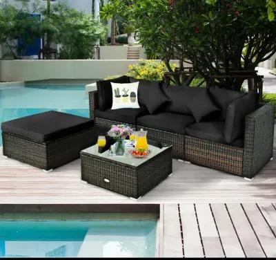 5 Pcs Outdoor Patio Rattan Furniture Set Sectional Conversation with Navy Cushions