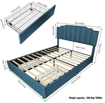 Queen Size Upholstered Platform Bed Linen Bed Frame With 2 Drawers Stitched Padded Headboard