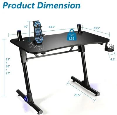 43.5 Inch Height Adjustable Gaming Desk with Blue LED Lights