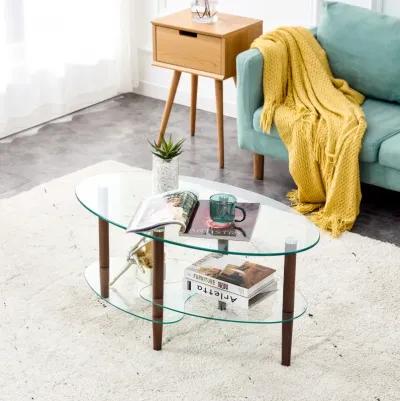 Modern Oval Glass Coffee Table with Oak Wood Legs