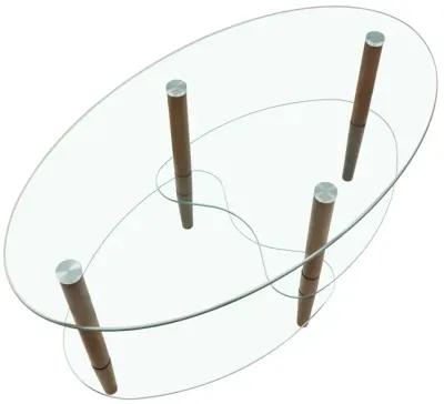 Modern Oval Glass Coffee Table with Oak Wood Legs