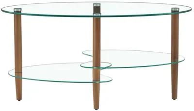 Modern Oval Glass Coffee Table with Oak Wood Legs