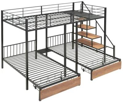 Full Over Twin-Twin Triple Bunk Bed With Drawers And Staircase