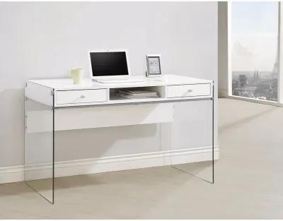 Contemporary Metal Writing Desk with Glass Sides, Clear And White - Benzara