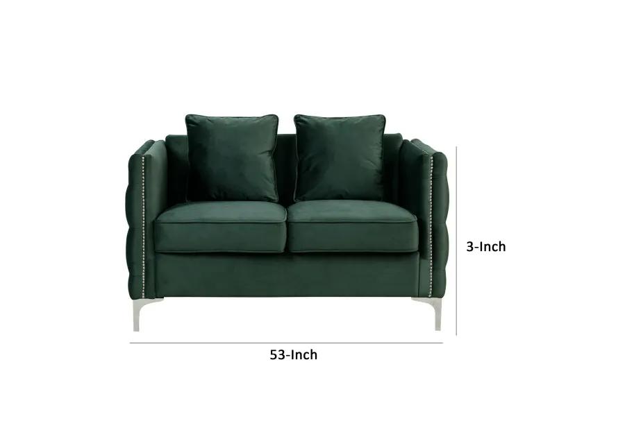 Zion 53 Inch Accent Loveseat, Nailhead Trim, Button Tufted, Green Velvet-Benzara