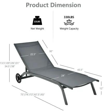 6-Poisition Adjustable Outdoor Chaise Recliner with Wheels