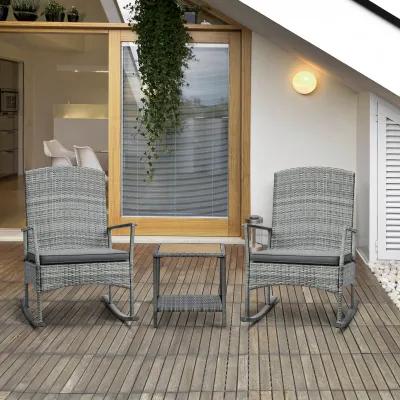 Grey Porch Relaxation: 3-Piece PE Rattan Rocking Chair Set