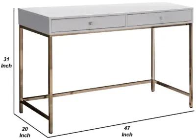 47 Inch Desk Console Table, 2 Drawers, Metal Frame, White, Gold-Benzara