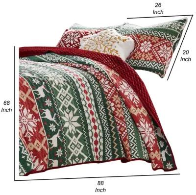 Live 3 Piece Queen Quilt Set with 2 Pillow Shams, Festive Winter Print  - Benzara