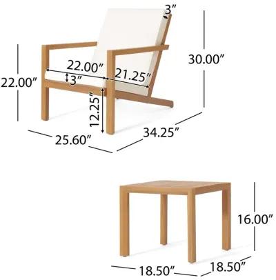 Liah Outdoor Patio Table Set, 2 Chairs, Brown Acacia Wood, Cream Polyester