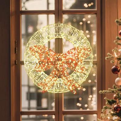 LuxenHome 1.6Ft Round Light Wreath and Red Light Bow Holiday Decoration with Timer