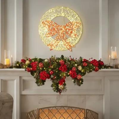 LuxenHome 1.6Ft Round Light Wreath and Red Light Bow Holiday Decoration with Timer