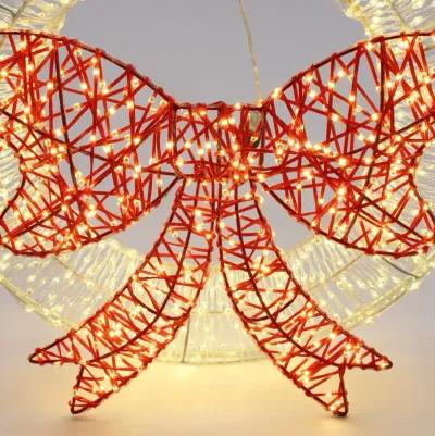 LuxenHome 1.6Ft Round Light Wreath and Red Light Bow Holiday Decoration with Timer