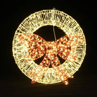 LuxenHome 1.6Ft Round Light Wreath and Red Light Bow Holiday Decoration with Timer