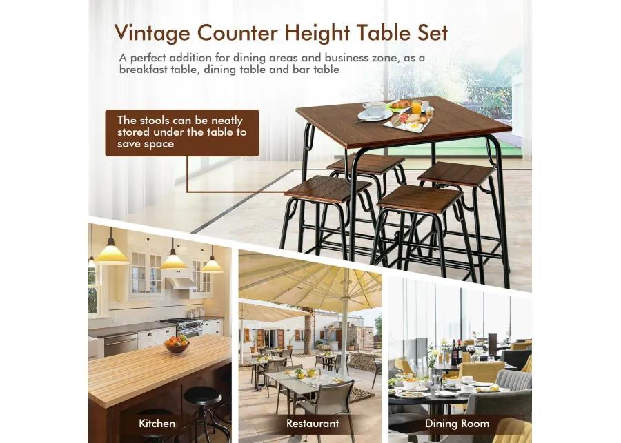 5 Pieces Bar Table Set with 4 Counter Height Backless Stools-Rustic Brown