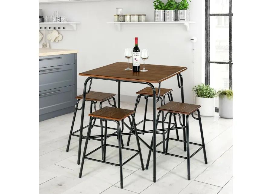 5 Pieces Bar Table Set with 4 Counter Height Backless Stools-Rustic Brown