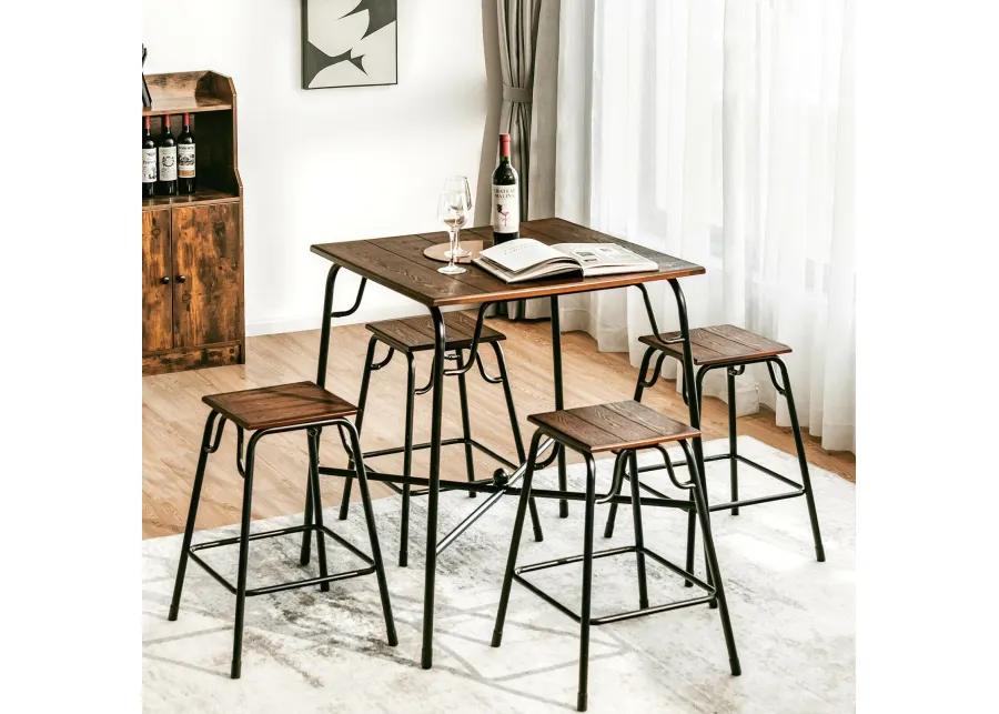 5 Pieces Bar Table Set with 4 Counter Height Backless Stools-Rustic Brown