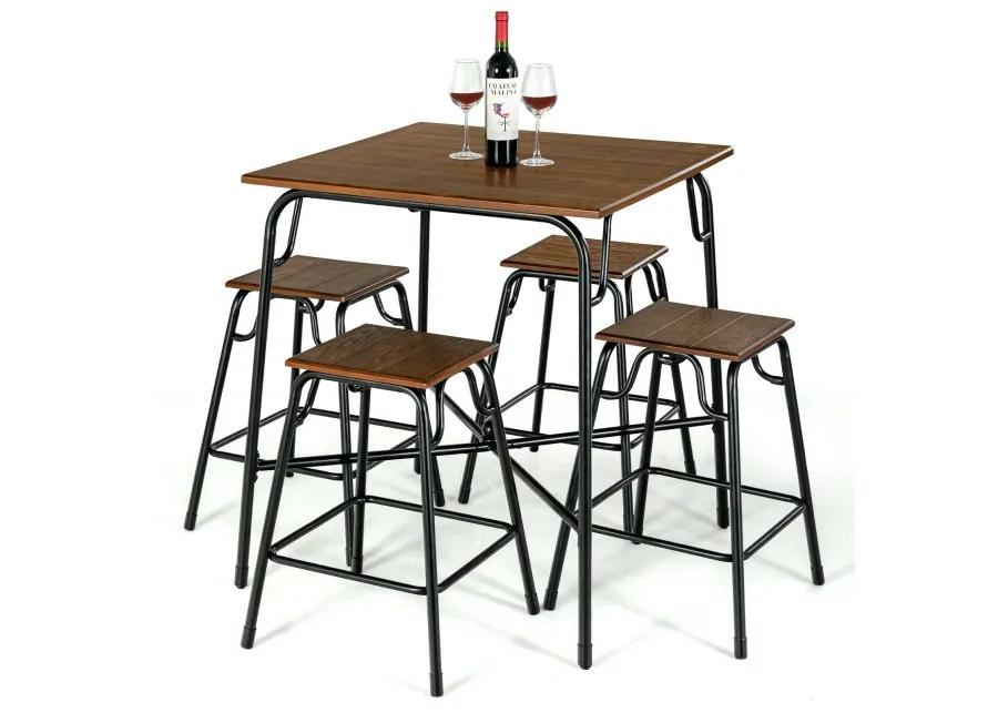 5 Pieces Bar Table Set with 4 Counter Height Backless Stools-Rustic Brown