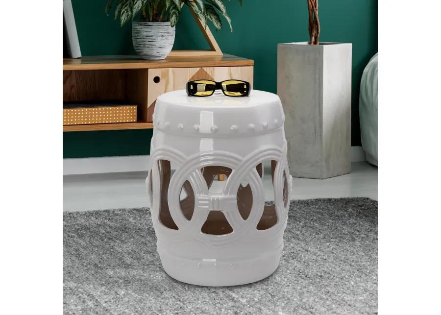 Outsunny 14" x 17" Ceramic Garden Stool with Double-Coin Knotted Ring Design & Strong Glazed Material, Decorative End Table, Home Collection, White