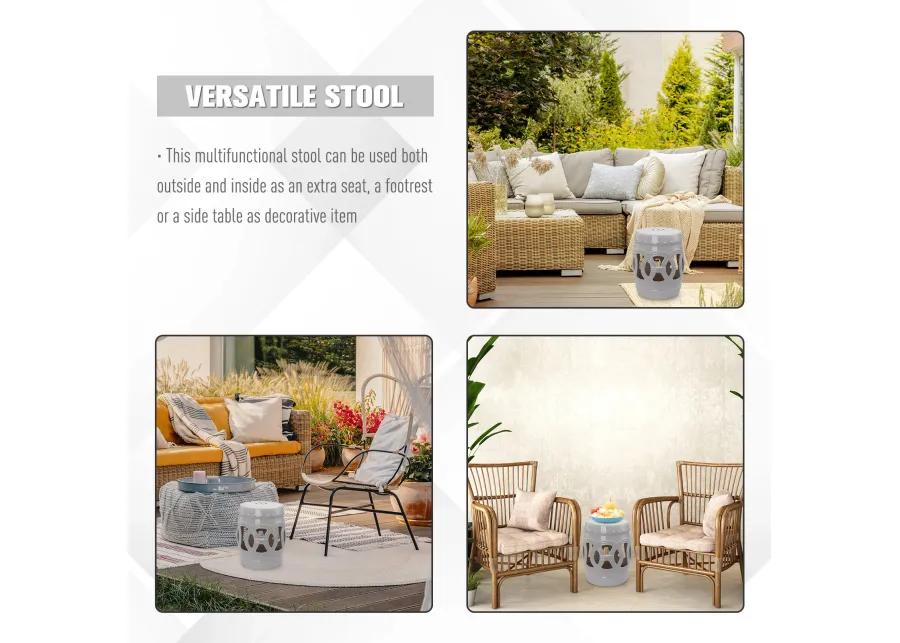 Outsunny 14" x 17" Ceramic Garden Stool with Double-Coin Knotted Ring Design & Strong Glazed Material, Decorative End Table, Home Collection, White