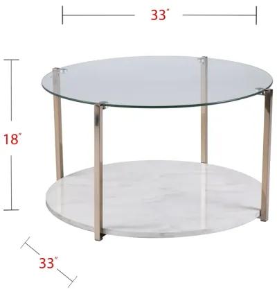 Homezia 33" Gold Glam Glass And Faux Marble Two Tier Round Coffee Table