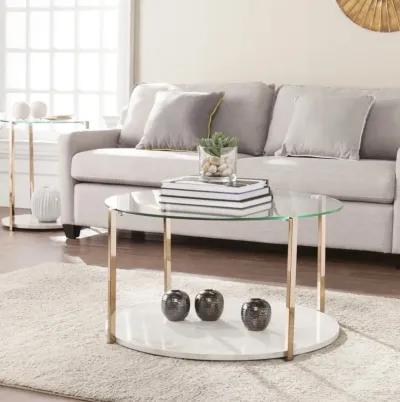 Homezia 33" Gold Glam Glass And Faux Marble Two Tier Round Coffee Table