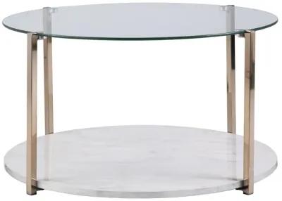 Homezia 33" Gold Glam Glass And Faux Marble Two Tier Round Coffee Table