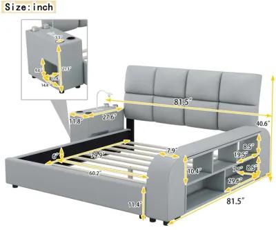 Queen Size Upholstered Platform Bed With Multimedia Nightstand And Storage Shelves