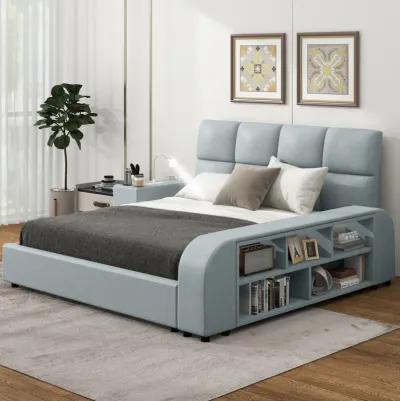 Queen Size Upholstered Platform Bed With Multimedia Nightstand And Storage Shelves