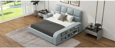 Queen Size Upholstered Platform Bed With Multimedia Nightstand And Storage Shelves