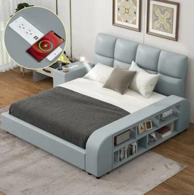 Queen Size Upholstered Platform Bed With Multimedia Nightstand And Storage Shelves