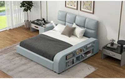 Queen Size Upholstered Platform Bed With Multimedia Nightstand And Storage Shelves