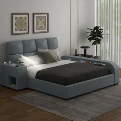 Queen Size Upholstered Platform Bed With Multimedia Nightstand And Storage Shelves