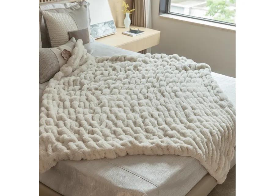 Set of 2 Luxurious 50 in. x 60 in. Rached Faux Fur Cozy Throw Blanket - Decorative Plush Blanket for Sofa and Bed, Soft and Comfortable Home Accent, Warm Winter Blanket, Cream