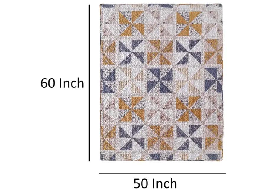 Jey 50 x 60 Quilted Throw Blanket, Patchwork Pinwheel, Peach, Blue Cotton