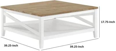 Maise 39 Inch Coffee Table, Rustic Wire Brushed Wood Top, Brown and White - Benzara