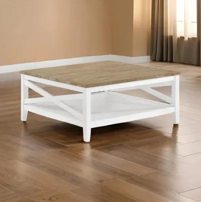 Maise 39 Inch Coffee Table, Rustic Wire Brushed Wood Top, Brown and White - Benzara