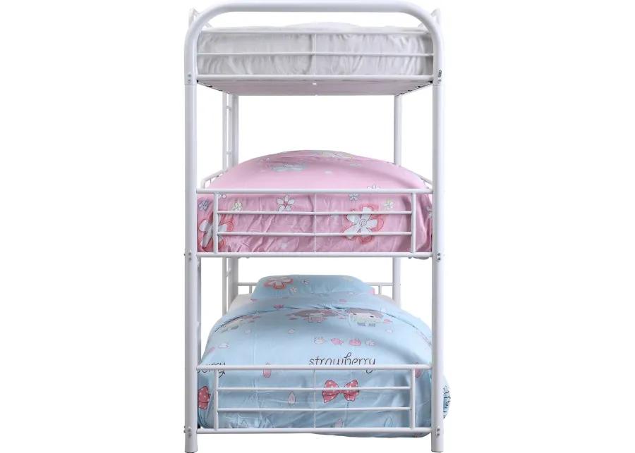 3 Tier Industrial Style Full Size Metal Bunk Bed, White-Benzara