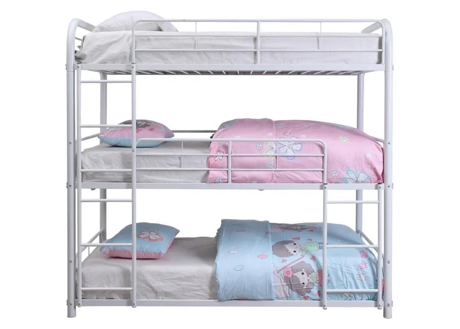 3 Tier Industrial Style Full Size Metal Bunk Bed, White-Benzara