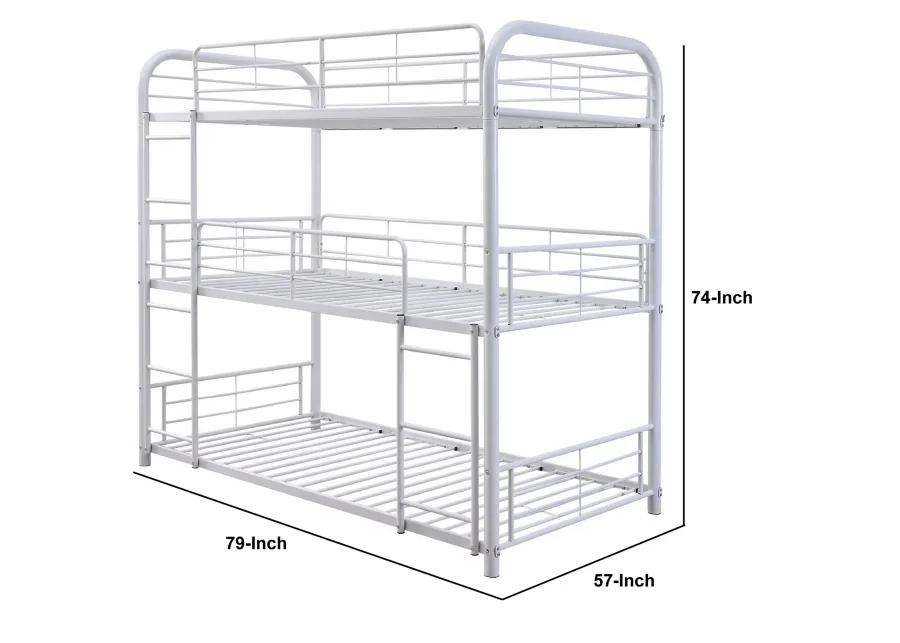 3 Tier Industrial Style Full Size Metal Bunk Bed, White-Benzara