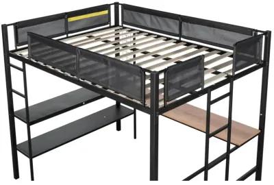 Sturdy Metal Loft Bed with Desk & Shelves