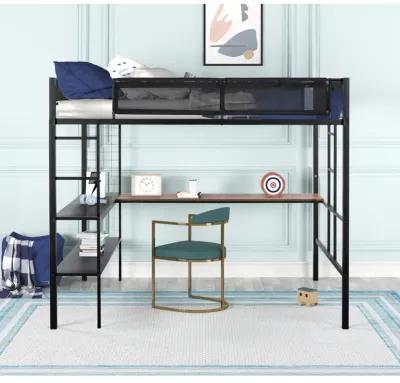 Sturdy Metal Loft Bed with Desk & Shelves