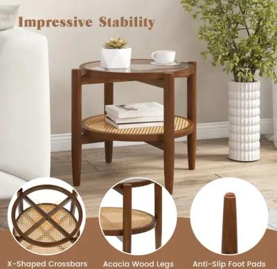 Rattan Round Side End Table with Tempered Glass Tabletop