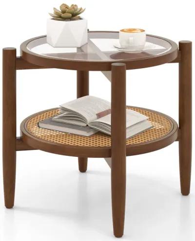 Rattan Round Side End Table with Tempered Glass Tabletop