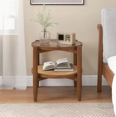 Rattan Round Side End Table with Tempered Glass Tabletop